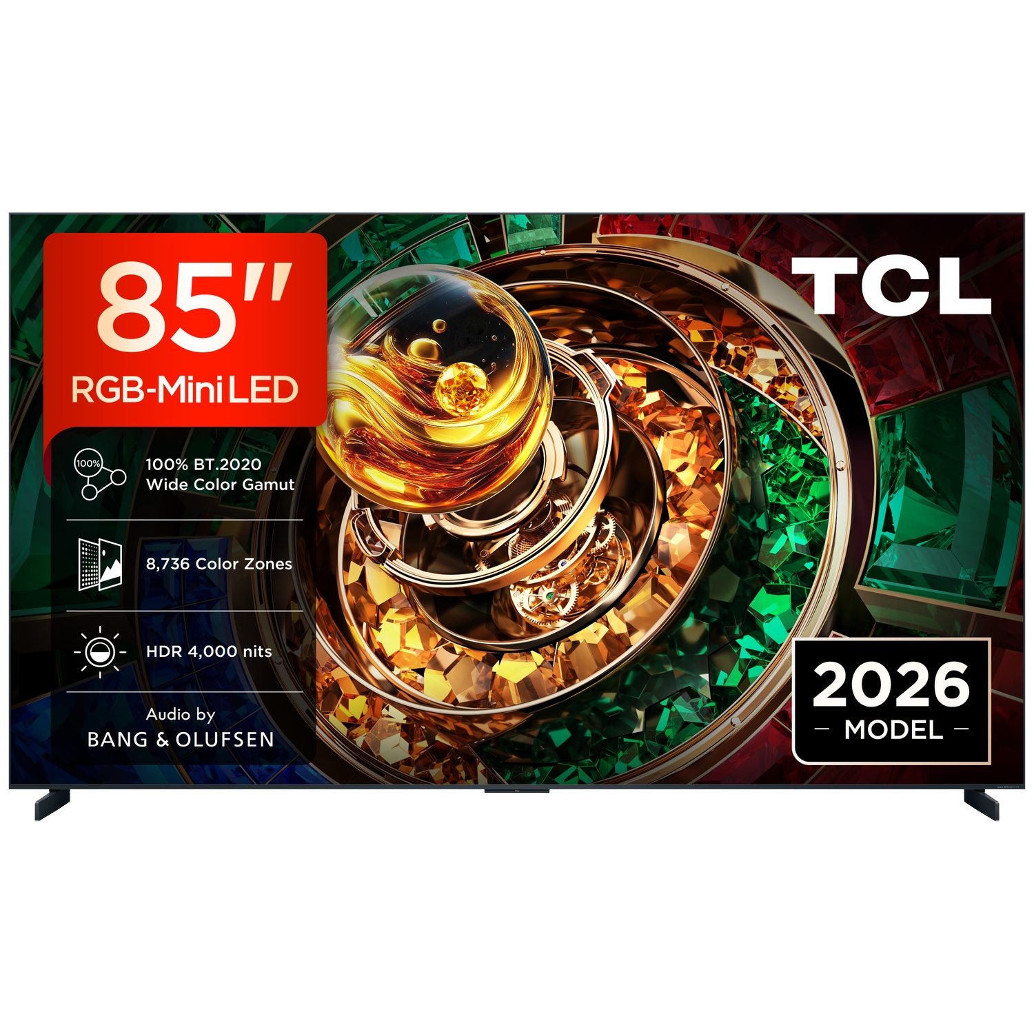 Een 85-inch TCL RGB-Mini LED-tv met een abstracte, kleurrijke afbeelding met gouden en groene edelstenen op het scherm.