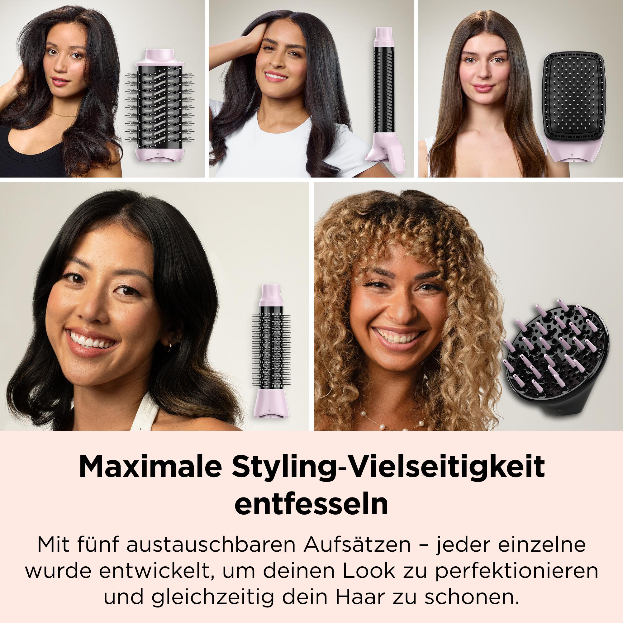 Vier Frauen mit unterschiedlichen Frisuren und daneben jeweils ein passender Haarstyling-Aufsatz.