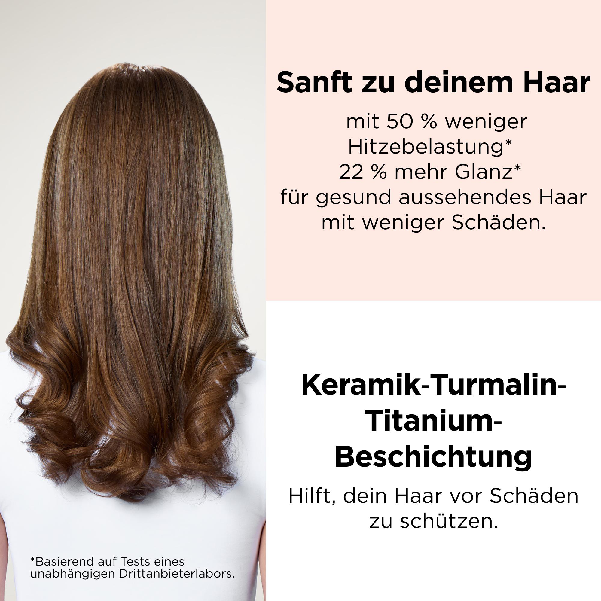 Rückansicht von langem, glänzendem braunem Haar mit lockigen Enden und Werbetext für Haarpflege.