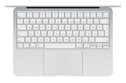 Beyaz tuş düzenine ve izleme dörtgenine sahip gümüş renkli laptop klavyesinin üstten görünümü.