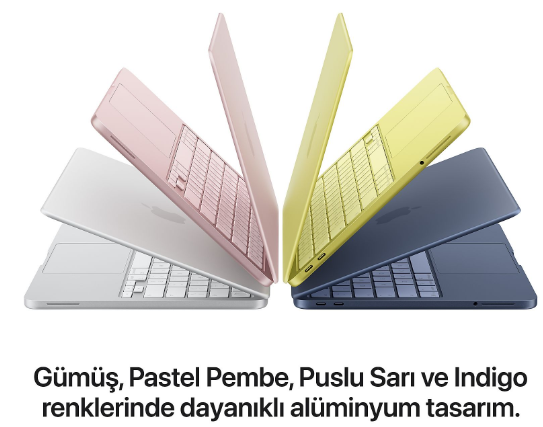 Gümüş, pembe, sarı ve mavi renklerde dört renkli MacBook, altında Türkçe metinle.