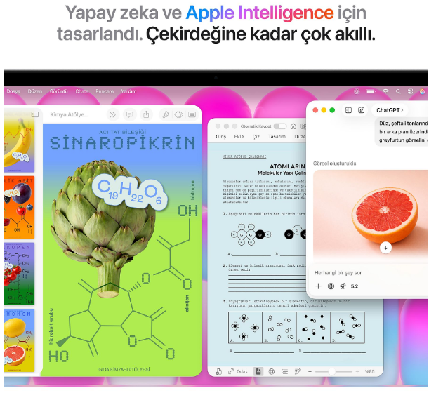 Bir ekranda Apple Intelligence, notlar ve greyfurt gösteren bir ChatGPT penceresi var.