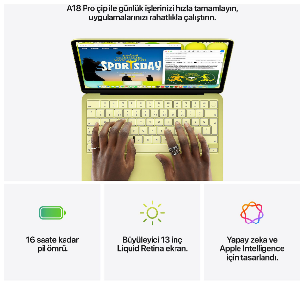 Yazan ellerin bulunduğu sarı laptop ve altında pil, ekran ve yapay zeka için üç simge.