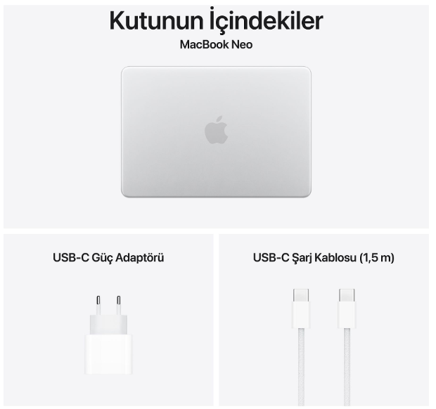 Kutunun içeriği: MacBook Neo, USB-C Güç Adaptörü ve 1,5 m USB-C Şarj Kablosu.