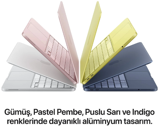 Gümüş, pembe, sarı ve mavi renklerde yelpaze şeklinde dizilmiş alüminyum tasarımlı dört dizüstü bilgisayar.