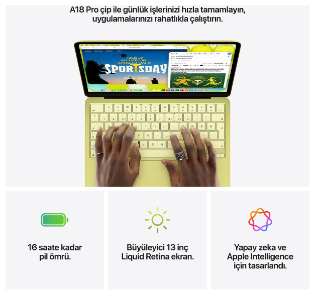 Klavyede eller olan sarı bir dizüstü bilgisayarın ve simgelerin üstten görünümü.
