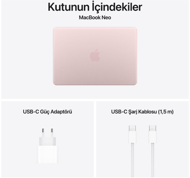 MacBook Neo, bir USB-C G üç Adaptörü ve 1,5 m USB-C Şarj Kablosu.