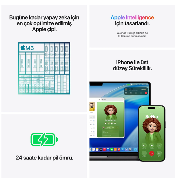 M5 çipi, Apple Intelligence, süreklilik özelliklerini ve 24 saate kadar pil ömrünü öne çıkaran bir Apple görseli.