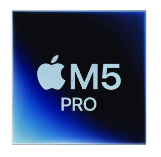 Mavi ve koyu tonlu geçişli arka plana sahip kare şeklinde Apple M5 Pro işlemci çipi.