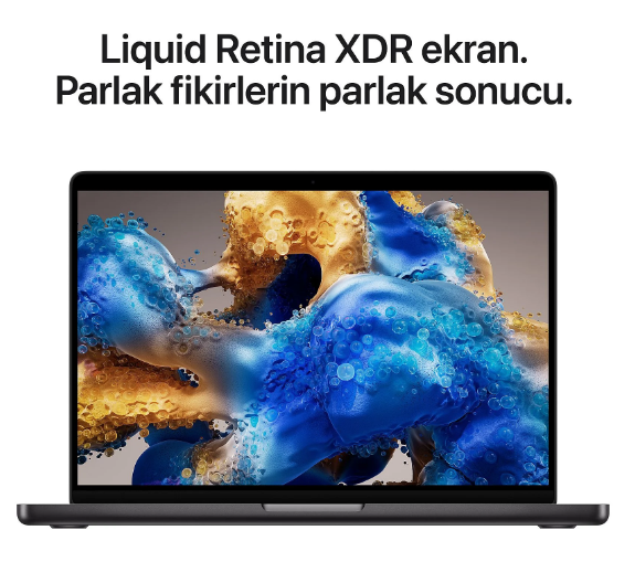 Bir dizüstü bilgisayar, mavi ve sarı şekillerden oluşan renkli, soyut bir arkaplan gösteriyor.