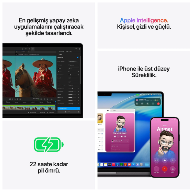 Yapay zeka özellikleri, cihaz sürekliliği ve 22 saate varan pil ömrü sunan Apple Intelligence tanıtım grafikleri.