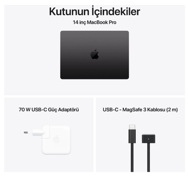 14 inç MacBook Pro kutu içeriği: dizüstü bilgisayar, 70 W USB-C güç adaptörü ve kablo.