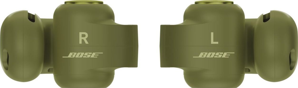 Grüne Bose Ultra Open Earbuds mit R- und L-Kennzeichnung vor weißem Hintergrund.
