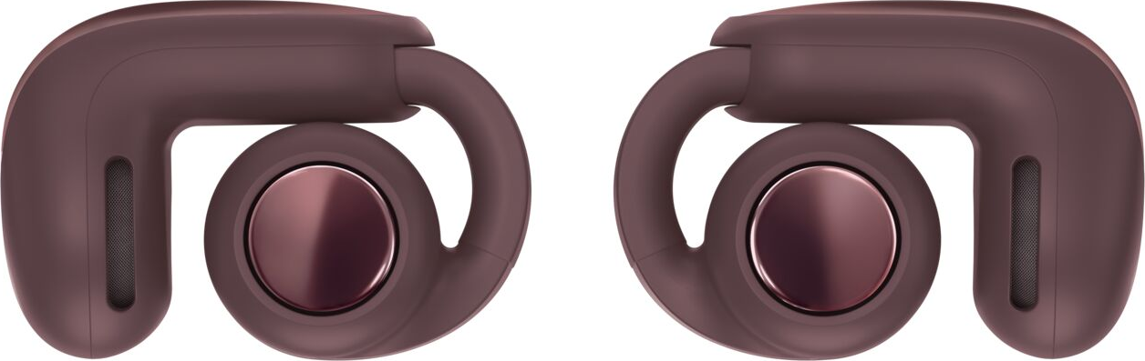 Zwei burgunderrote Open-Ear-Kopfhörer mit abgerundetem Design auf hellem Hintergrund.
