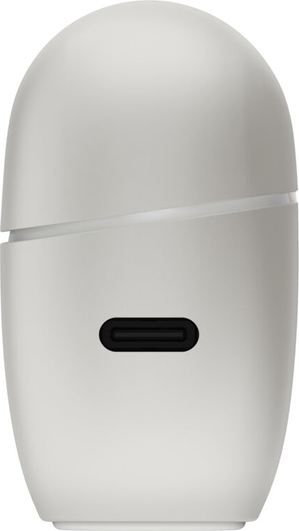 Ein weißes, ovales Ladecase mit einer USB-C-Anschlussbuchse vorne.