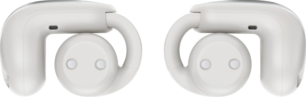 Zwei weiße In-Ear-Kopfhörer mit abgerundetem Design auf hellem Hintergrund.
