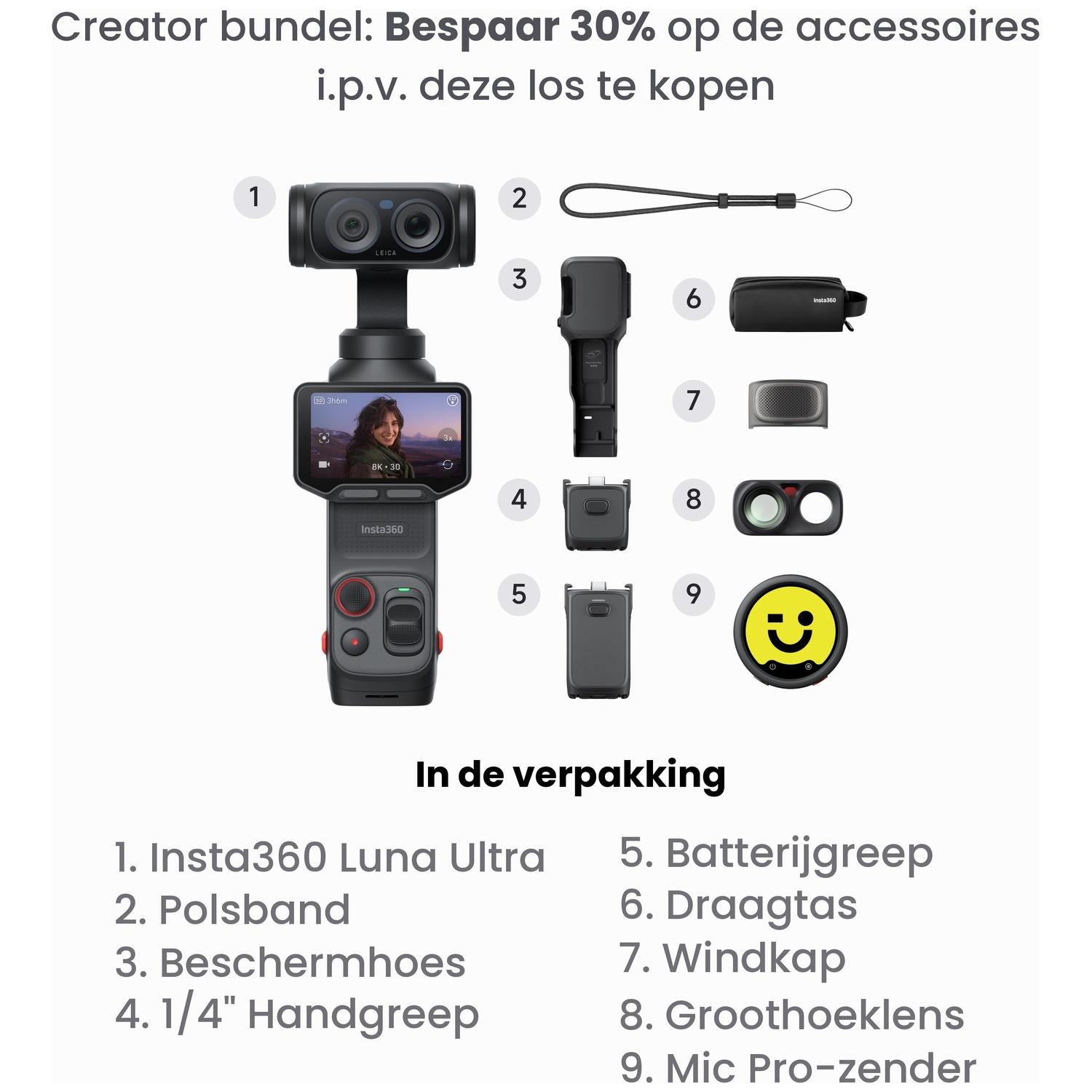 Creator bundle showing the Insta360 Luna Ultra camera and nine numbered accessories like a grip and case.