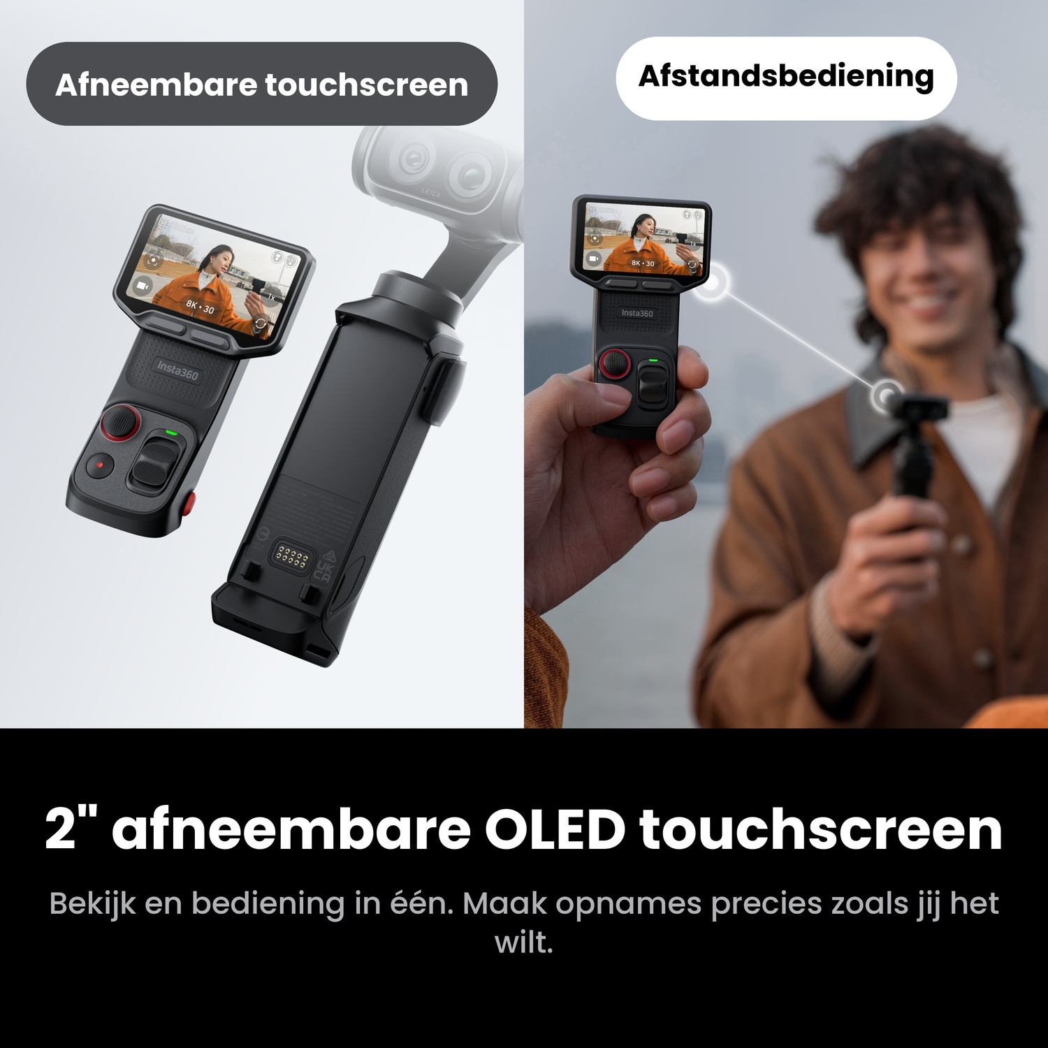 A hand holds the Insta360 remote with a detachable OLED touchscreen, while another person operates a camera.