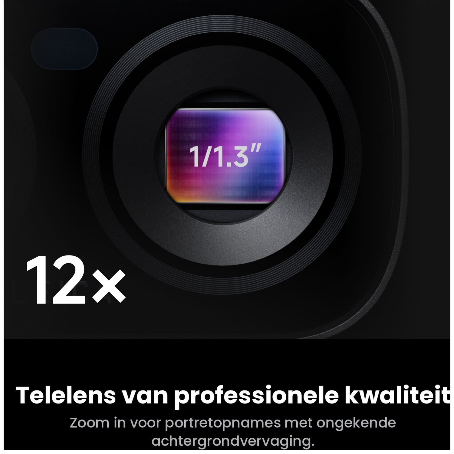 Close-up of a black camera lens with text 12x and 1/1.3" on the sensor.