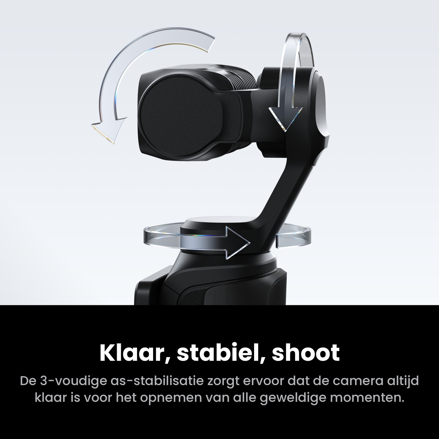 Black gimbal camera with transparent arrows showing 3-axis stabilization against a grey background.