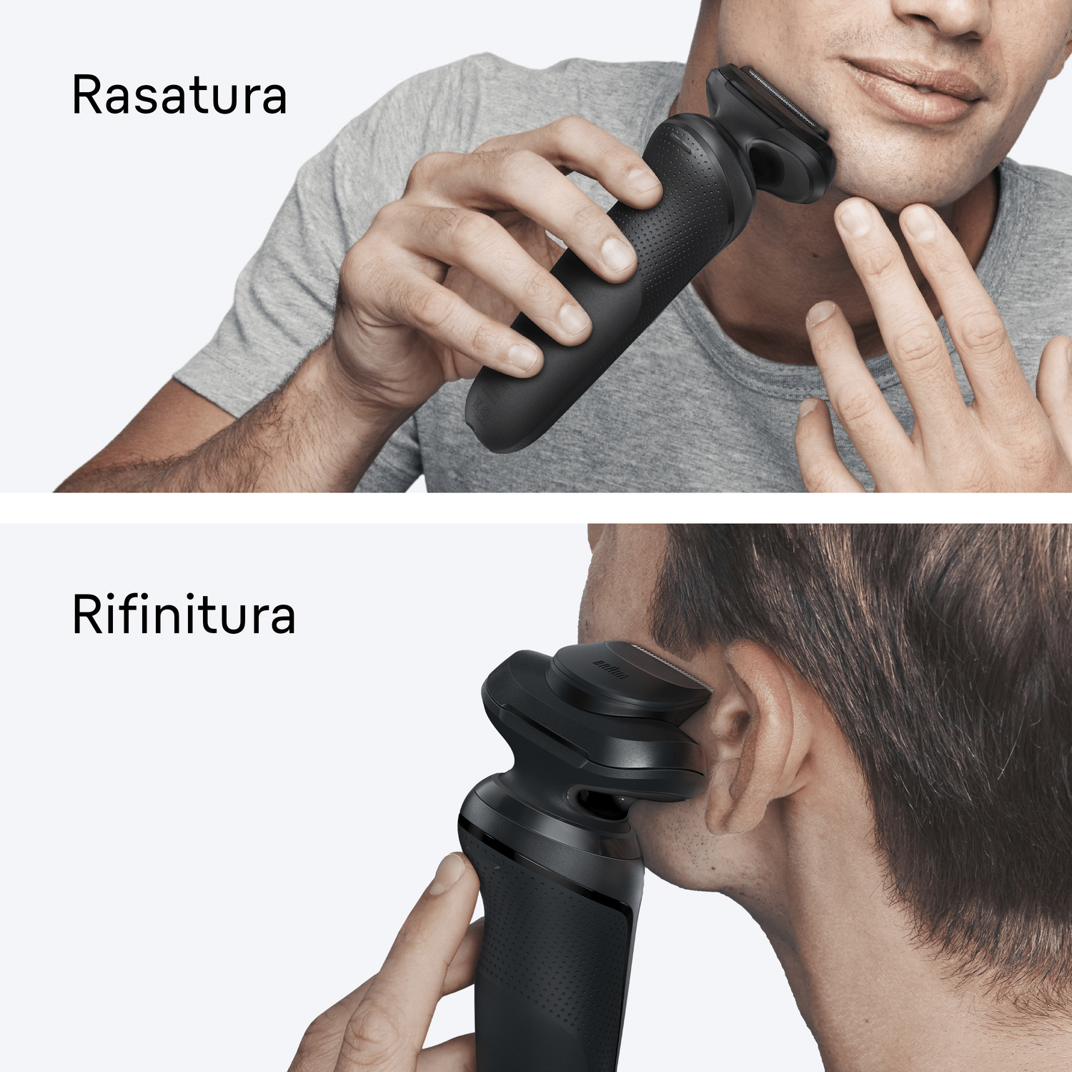 Un uomo si rade e rifinisce la barba con un rasoio nero su sfondo bianco.