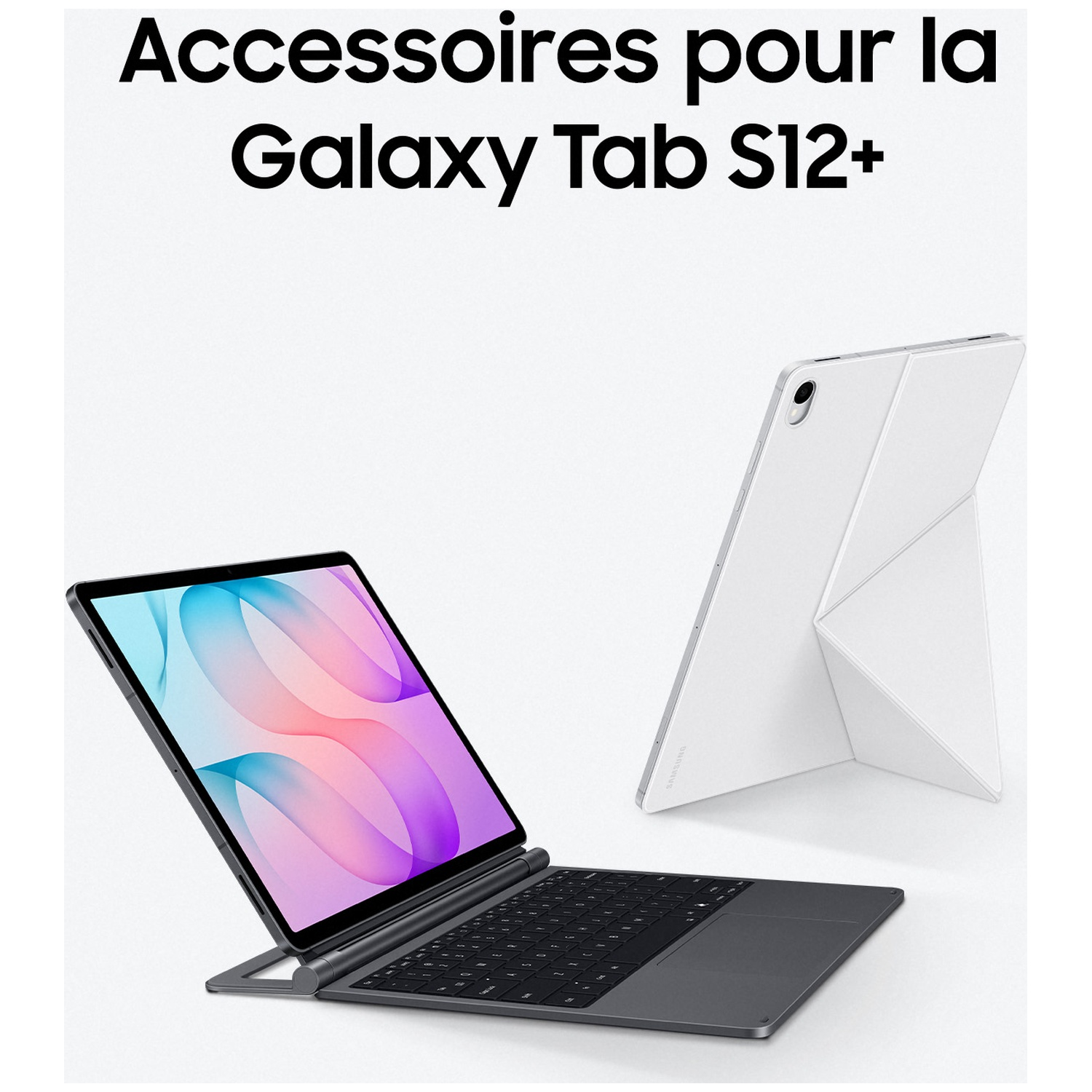 Une tablette avec clavier et une autre dans un étui blanc sur fond clair avec du texte en français.