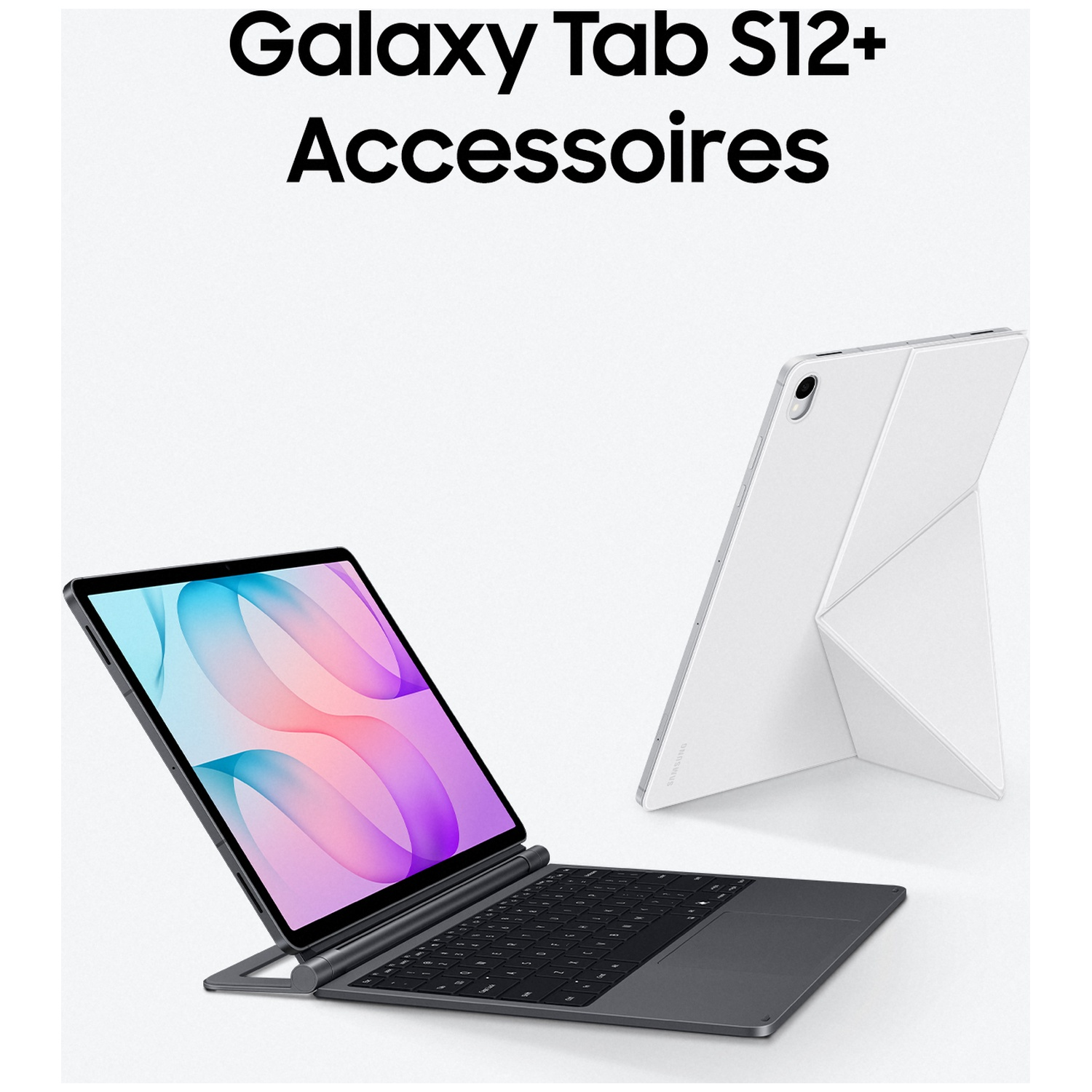 Galaxy Tab S12+ met gekoppeld toetsenbord en witte vouwhoes op de achtergrond op lichte grond.