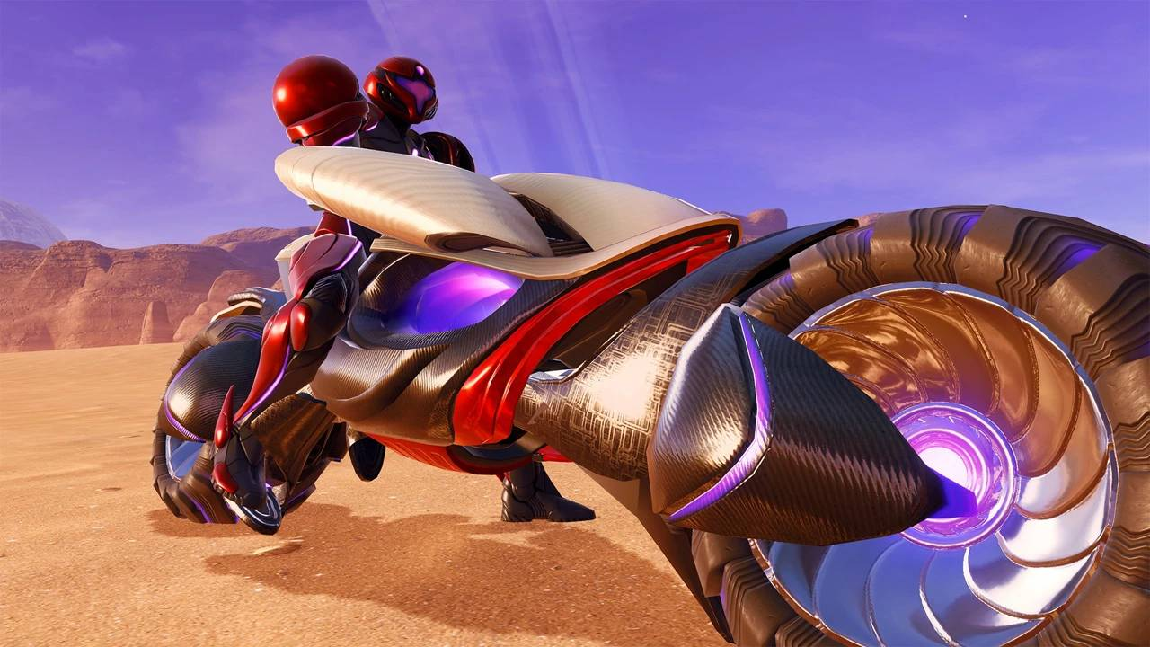 Una motocicleta futurista roja y negra con ruedas azules brillantes cruza un paisaje desértico estéril.