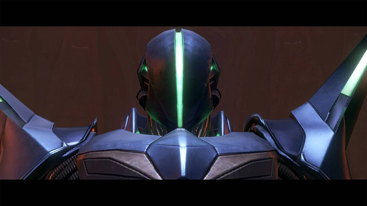 Un primer plano de un robot futurista con armadura de metal pulido y detalles verdes brillantes.