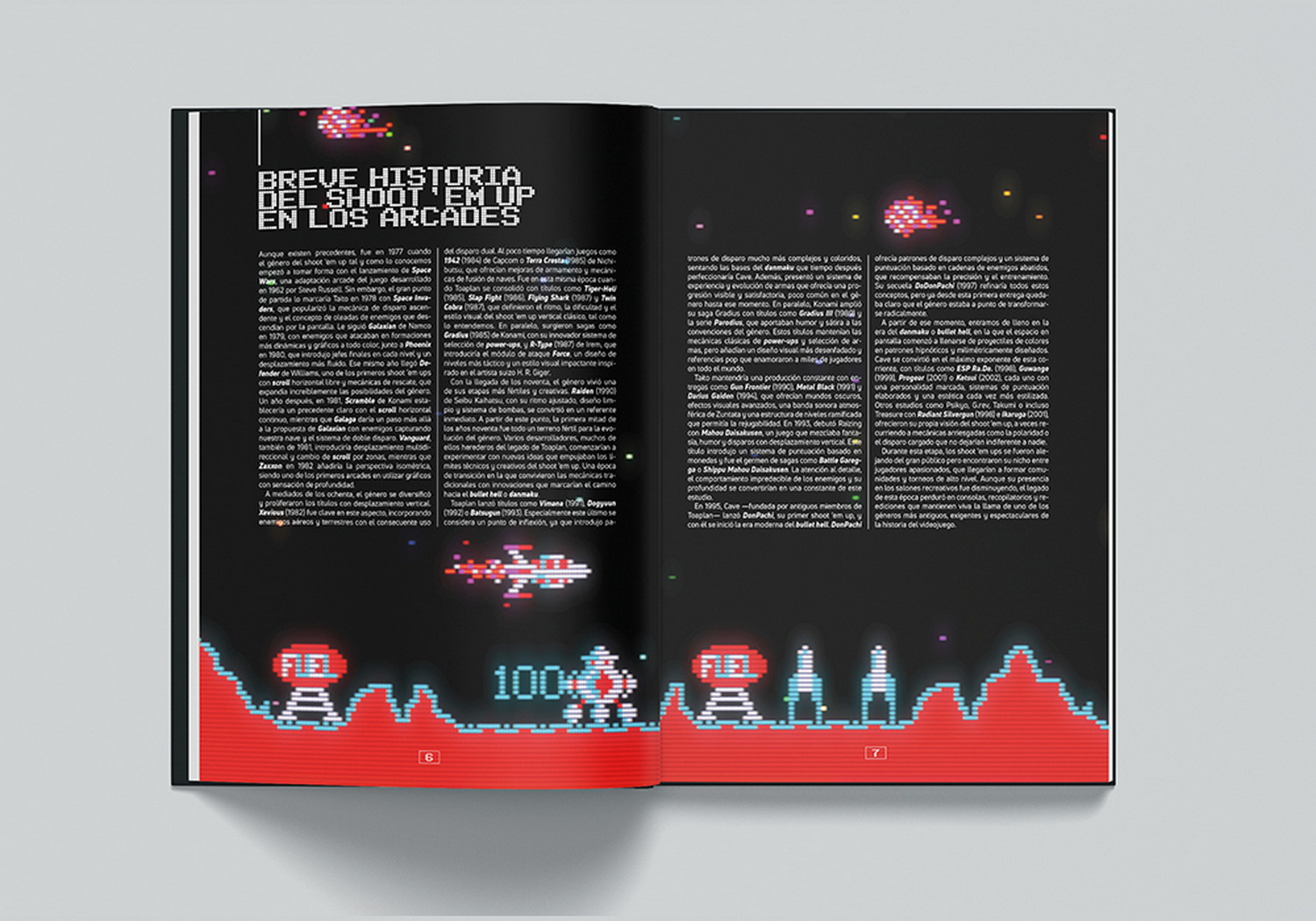 Un libro abierto con la historia de los arcades shoot 'em up, con arte de píxeles y texto.