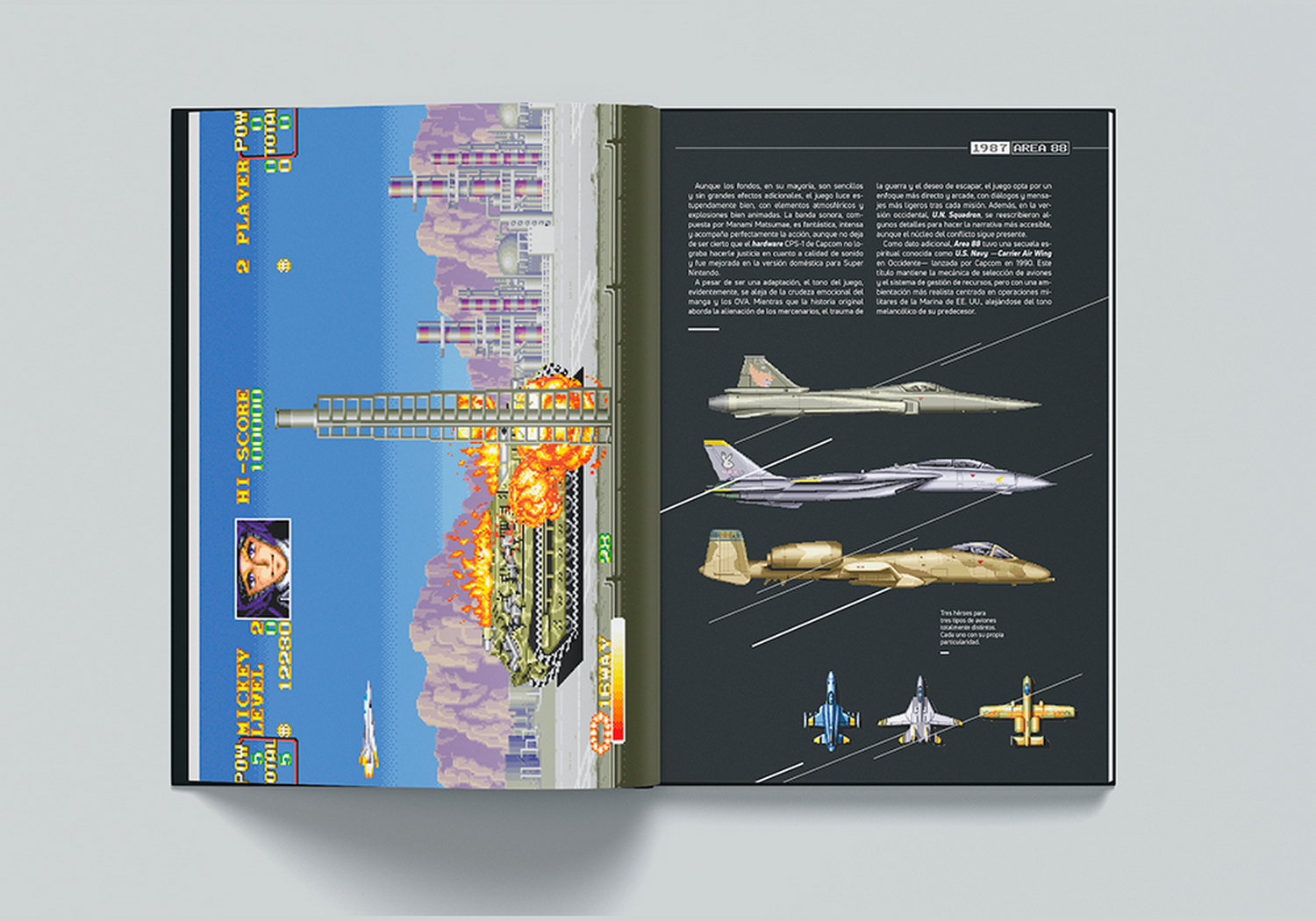 Un libro abierto muestra gráficos de videojuegos pixelados a la izquierda e ilustraciones de aviones militares a la derecha.