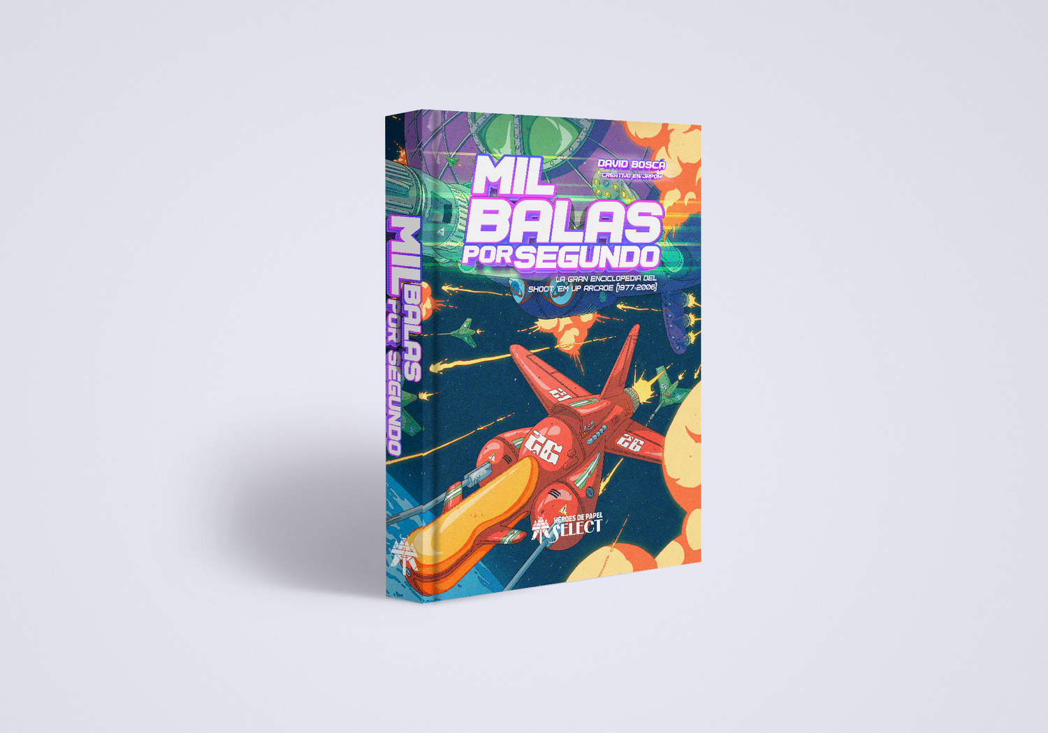 Un libro titulado Mil Balas Por Segundo muestra una colorida batalla espacial de ciencia ficción en su portada.