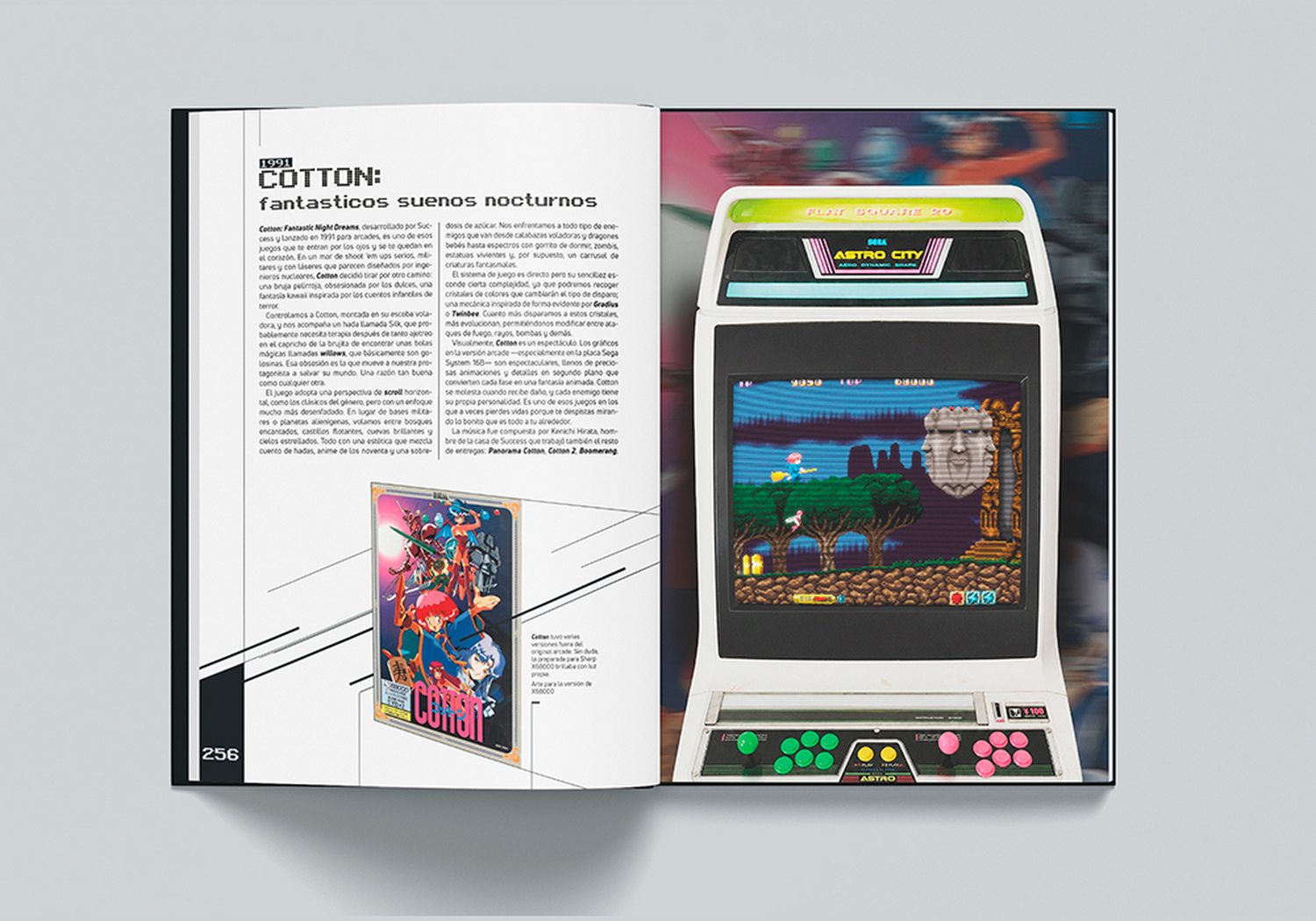 Un libro abierto muestra texto a la izquierda y una máquina recreativa Sega Astro City a la derecha.