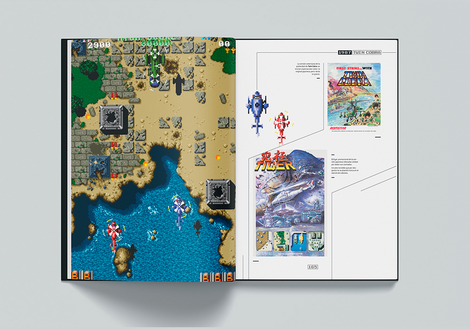 Un libro abierto muestra gráficos de arcade en la página izquierda y carteles de juegos a la derecha.