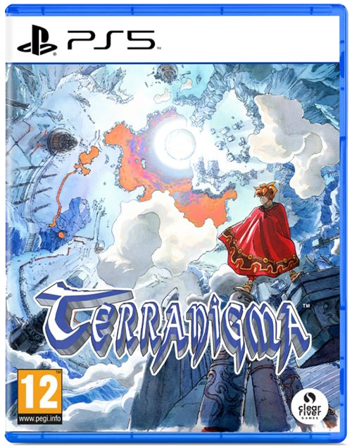 Portada de juego de PS5 para Terranigma con un personaje con capa roja en un mundo de fantasía.