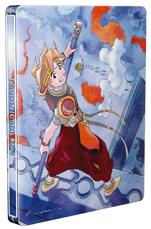 Personaje de anime con bastón en plataforma de piedra, con cielo azul y patrones rojos y blancos.