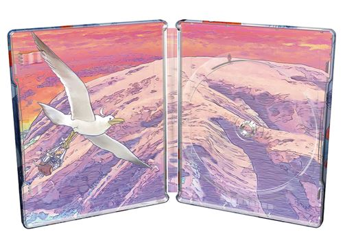 Una gaviota vuela sobre un paisaje montañoso rosa, con un soporte para CD visible al fondo.