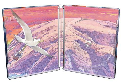 Caja metálica abierta que muestra una gaviota volando sobre un paisaje montañoso, con soporte para disco dentro.