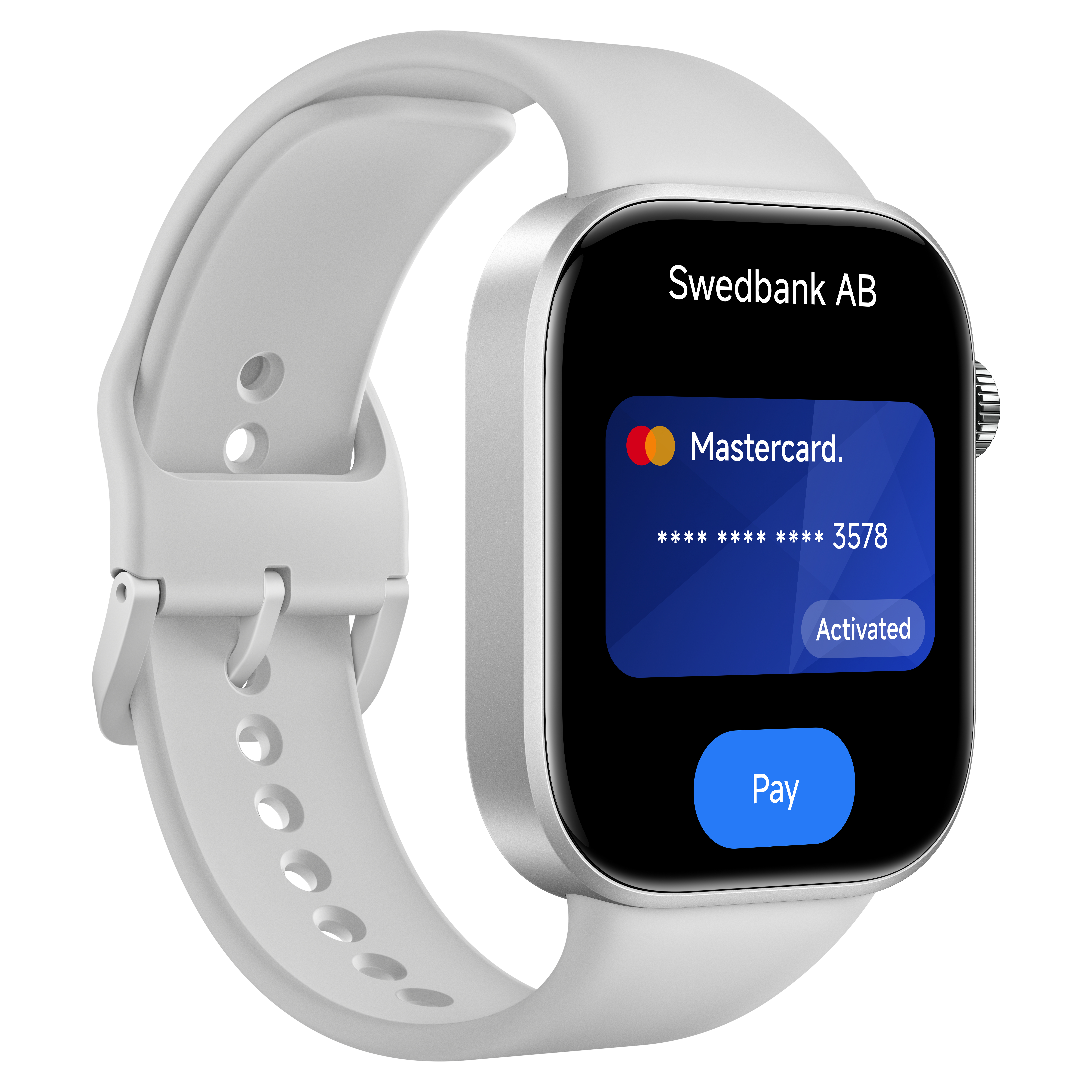 Eine Smartwatch mit weißem Armband zeigt Swedbank AB, eine blaue Mastercard und einen Pay-Button.