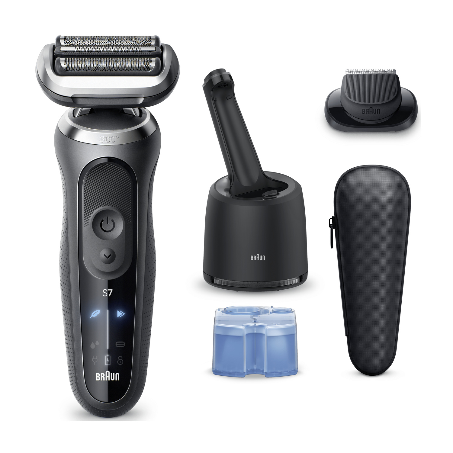 Rasoio elettrico nero Braun Series 7 con base di ricarica, cartuccia di pulizia, rifinitore e custodia.