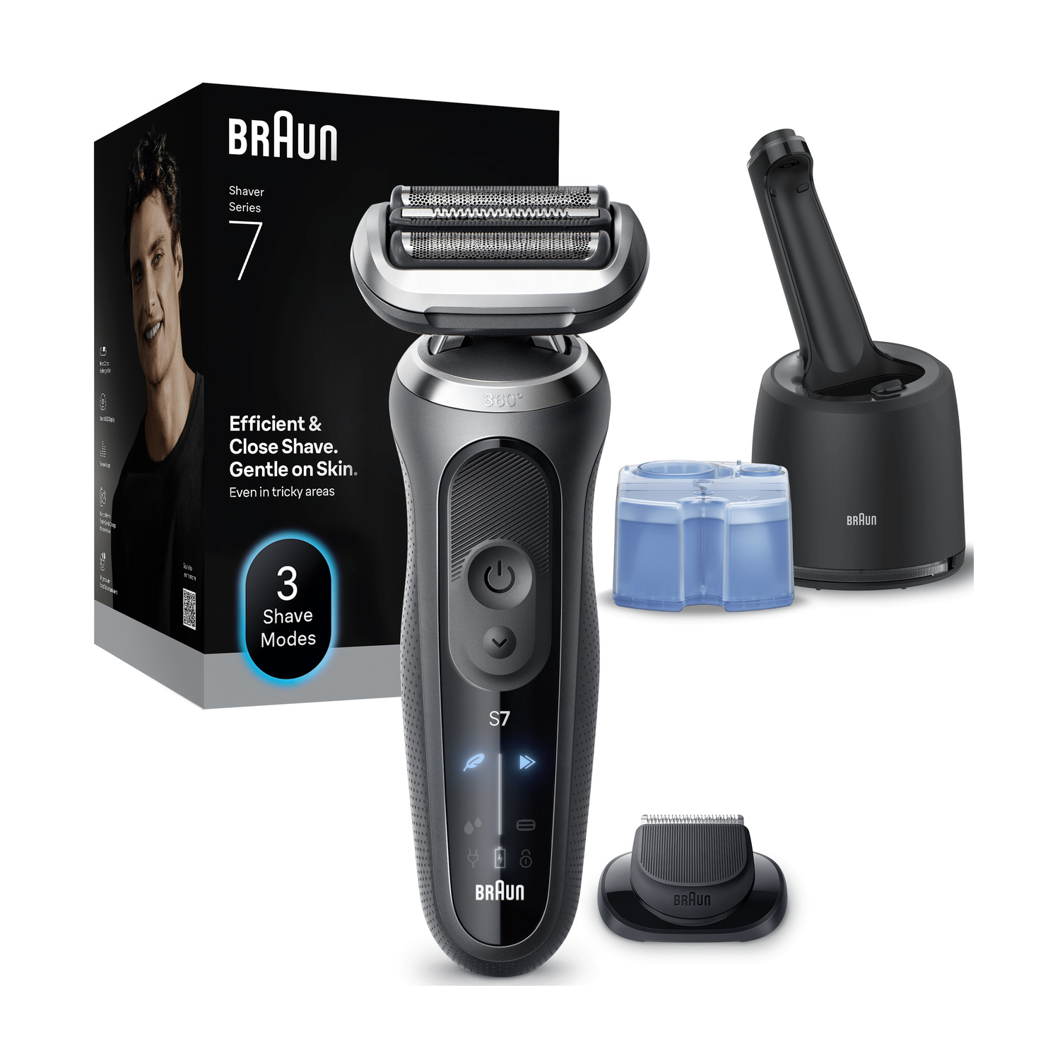 Rasoio Braun Series 7 con scatola, stazione di pulizia, cartuccia e accessorio regola barba su sfondo bianco.