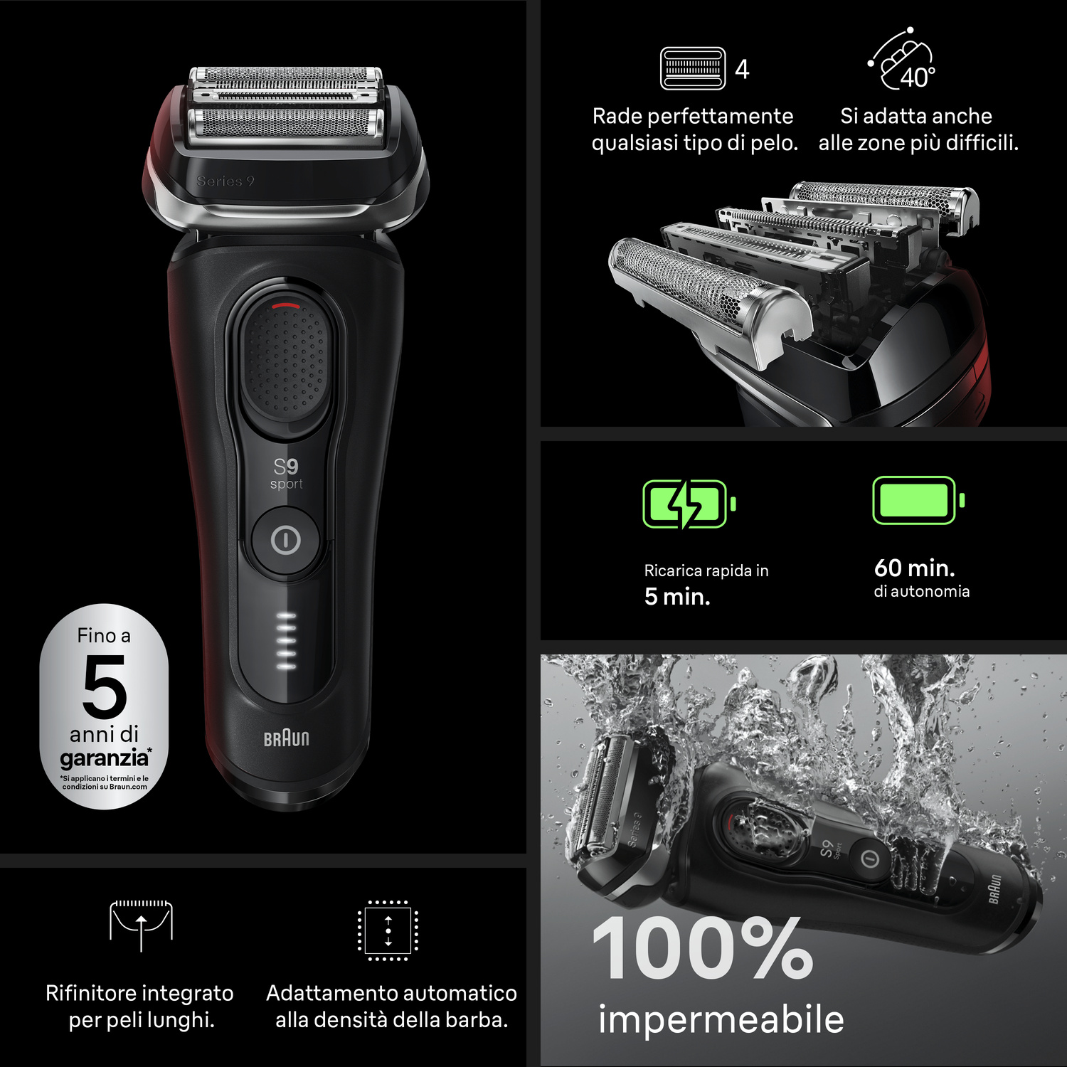 Rasojo nero Braun Series 9 Sport con 4 elementi di taglio, batteria da 60 min, impermeabile e icone informative.