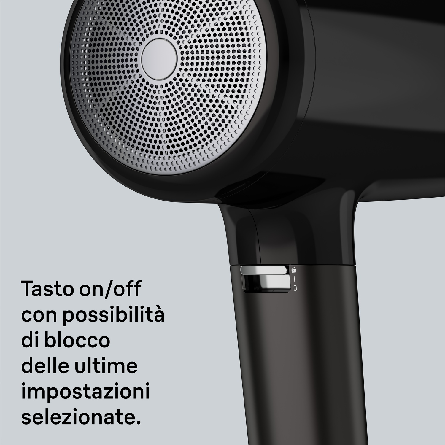Asciugacapelli nero con griglia argento e interruttore sul manico.