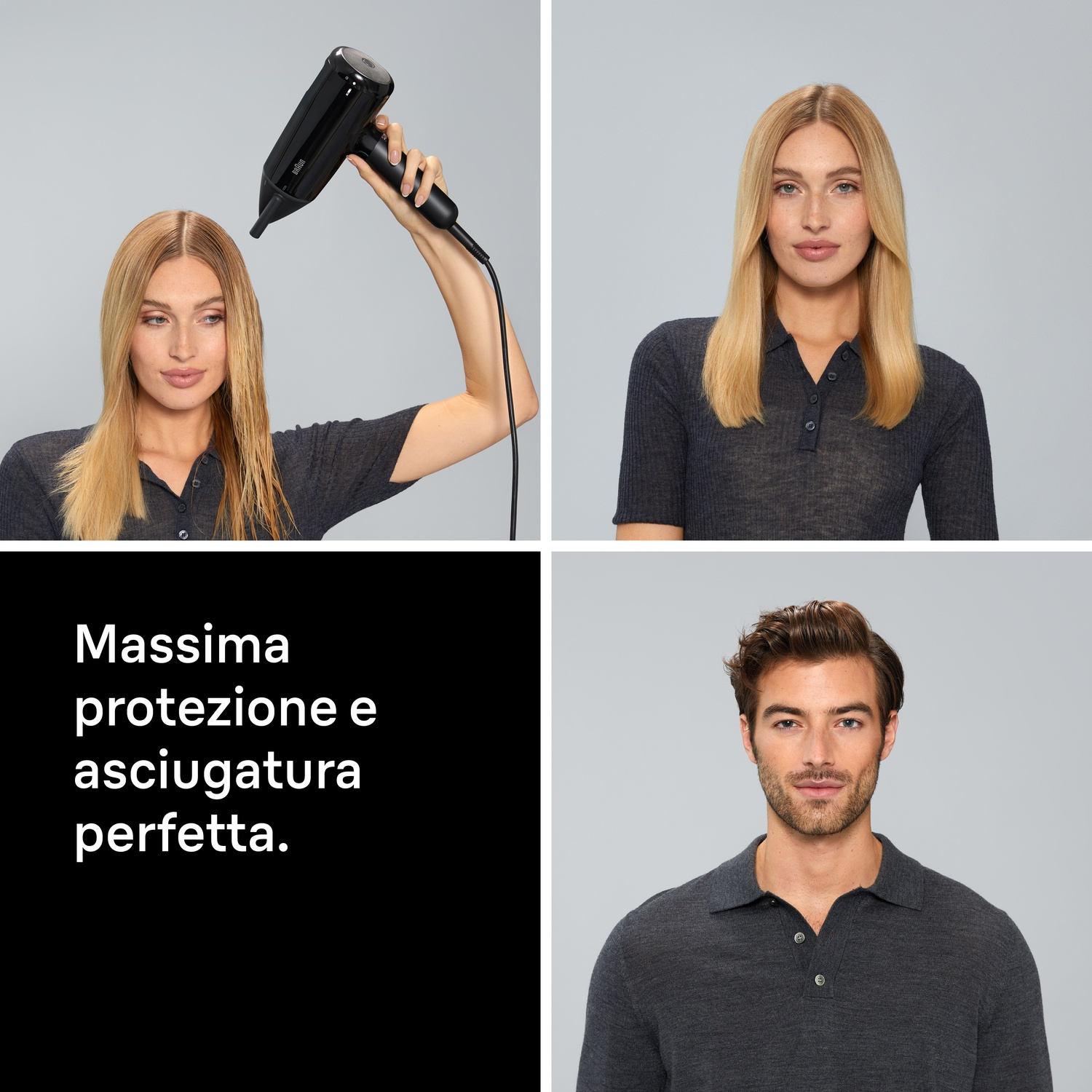Immagine in quattro parti con capelli biondi, asciugacapelli, testo e uomo.