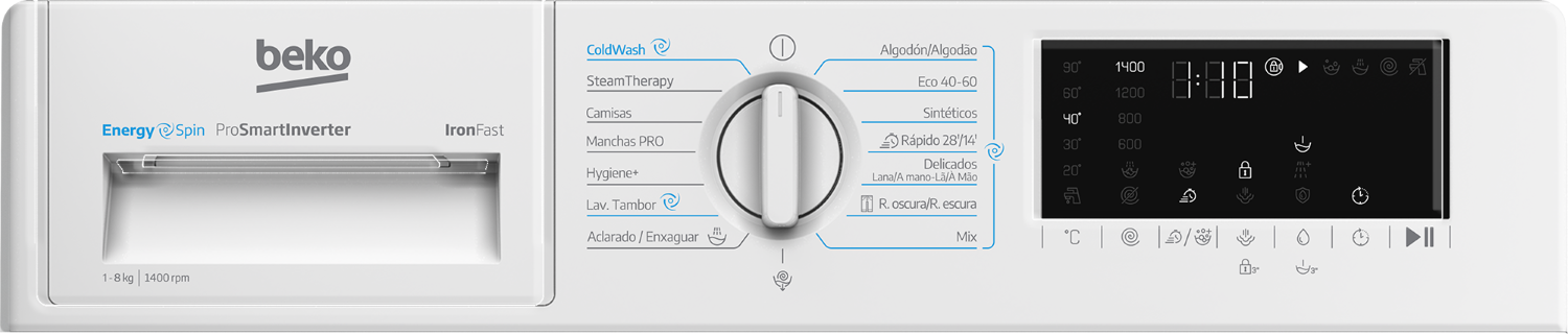 Vista frontal del panel de control de una lavadora Beko blanca con selector, programas y pantalla digital.