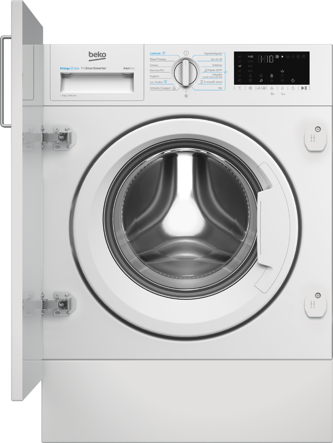 Una lavadora empotrable Beko blanca con bisagra de puerta izquierda abierta y pantalla digital arriba.