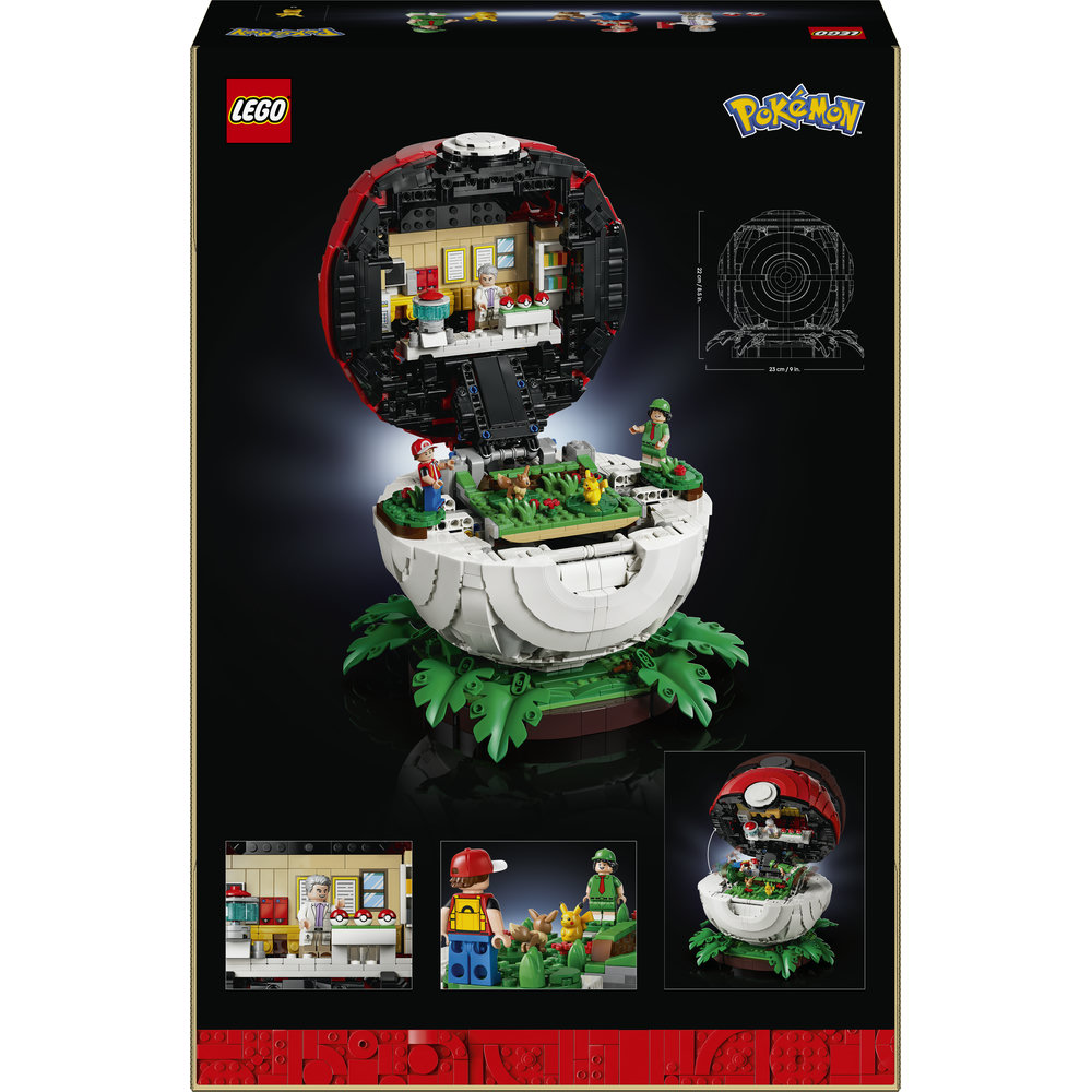 Eine Lego Pokemon Set Box zeigt einen offenen Poke Ball mit einem Labor innen und Minifiguren.
