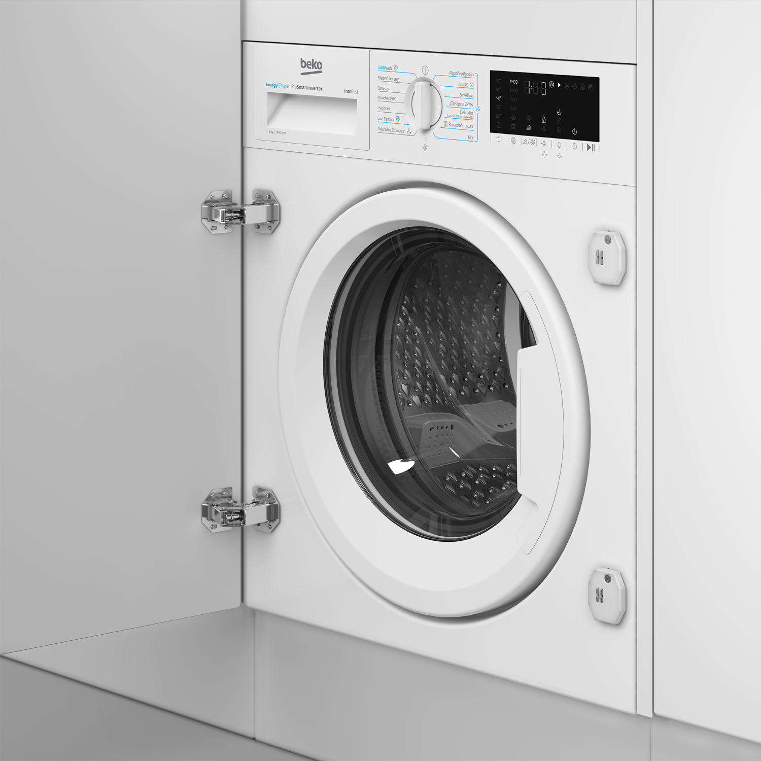 Lavadora encastrable Beko blanca integrada en muebles blancos con una puerta medio abierta mostrando el tambor.