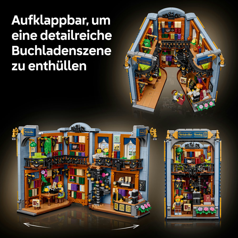 Lego-Buchhandlung mit detailliertem Innenraum, Bücherregalen und Minifiguren, zu- und aufgeklappt.