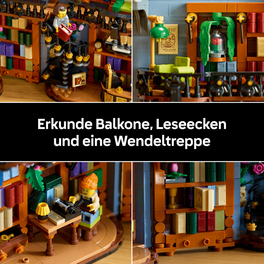 Lego-Bibliothek mit Büchern, Wendeltreppe und Leseecken.